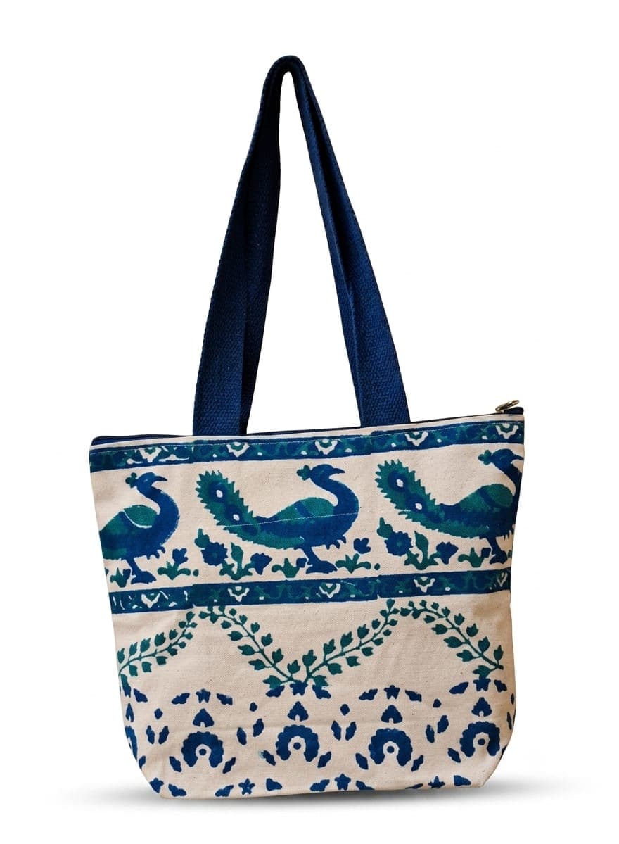 Peacock Parade Block-Print Tote in off white / blue / green