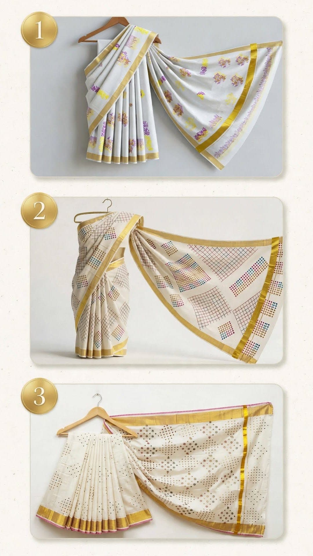 Kerala Kasavu Saree in off-white / multicolour