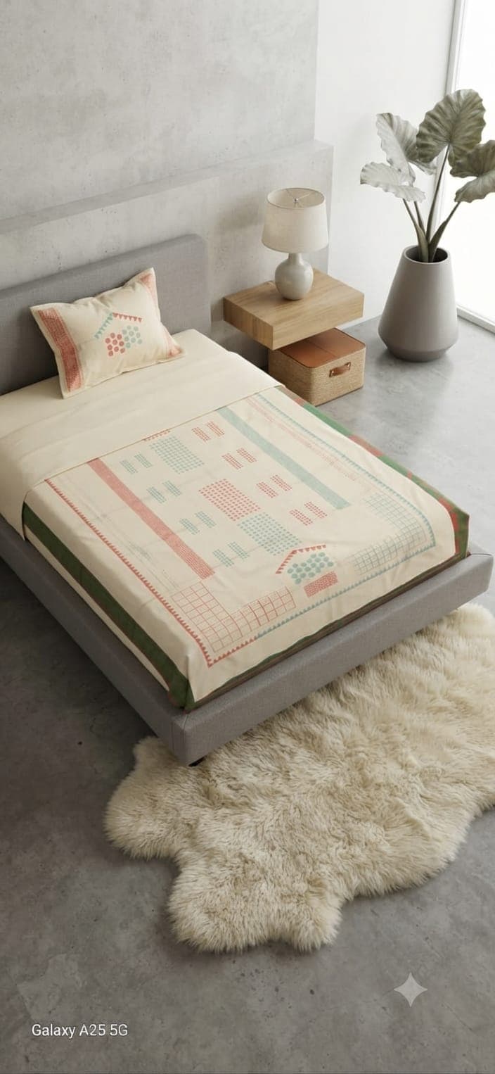 Single bedspread in cream with pastel block motifs and a matching pillow, styled on a bed