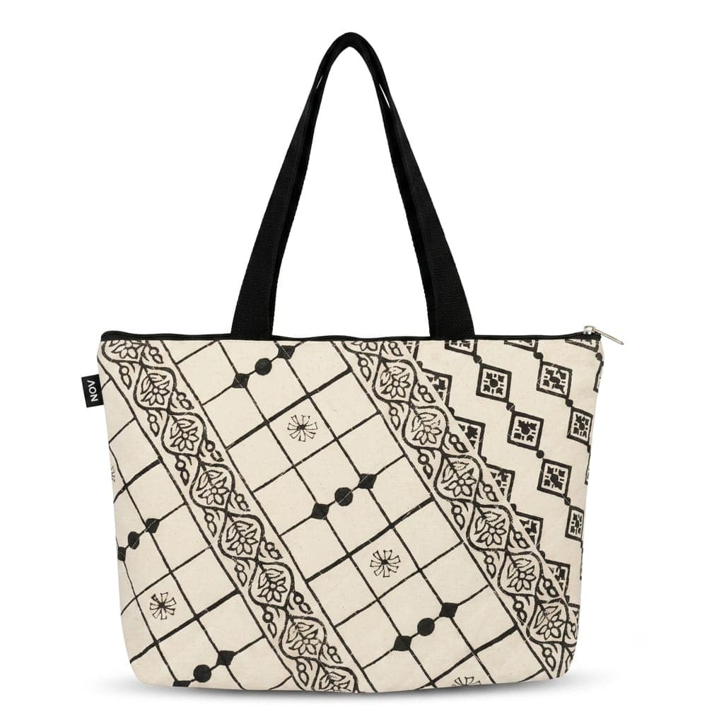 Floral & Geometric Print Laptop Bag in Off-white / Black, Floral design & Geometric pattern