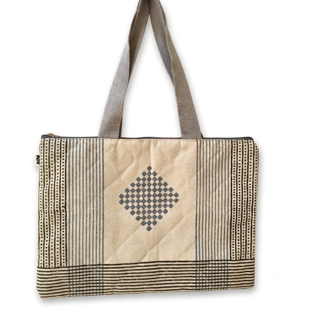 Floral & Geometric Print Laptop Bag in Off-white / Black / Grey, Floral design & Geometric pattern