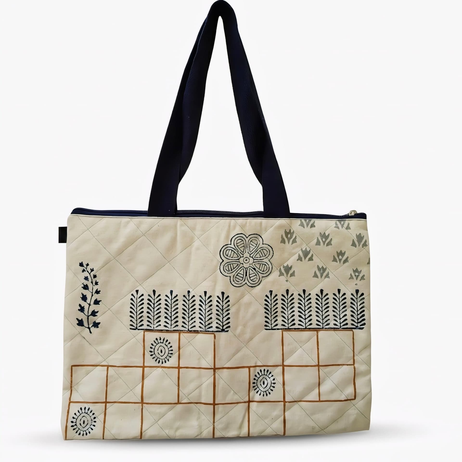Floral & Geometric Print Laptop Bag in Off-white / Navy / Brown, Floral design & Geometric pattern