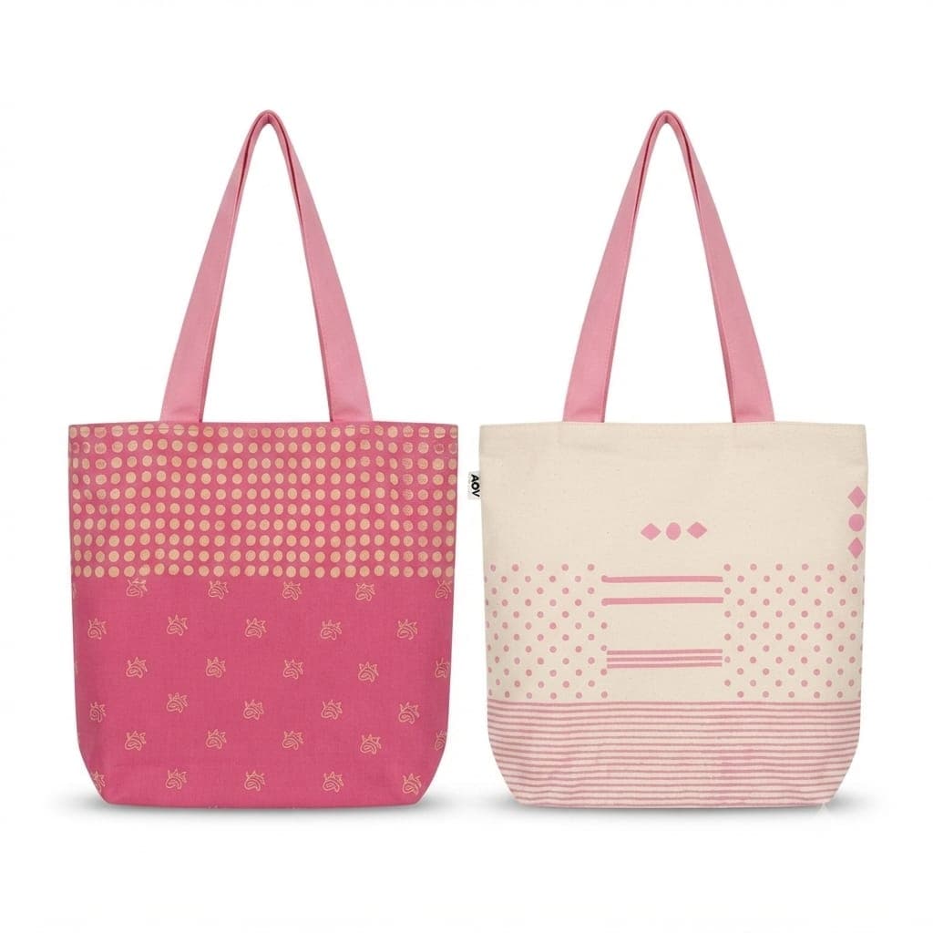 Floral & Geometric Print Reversible Tote Bag in Off-white / Pink, Floral design & Geometric pattern
