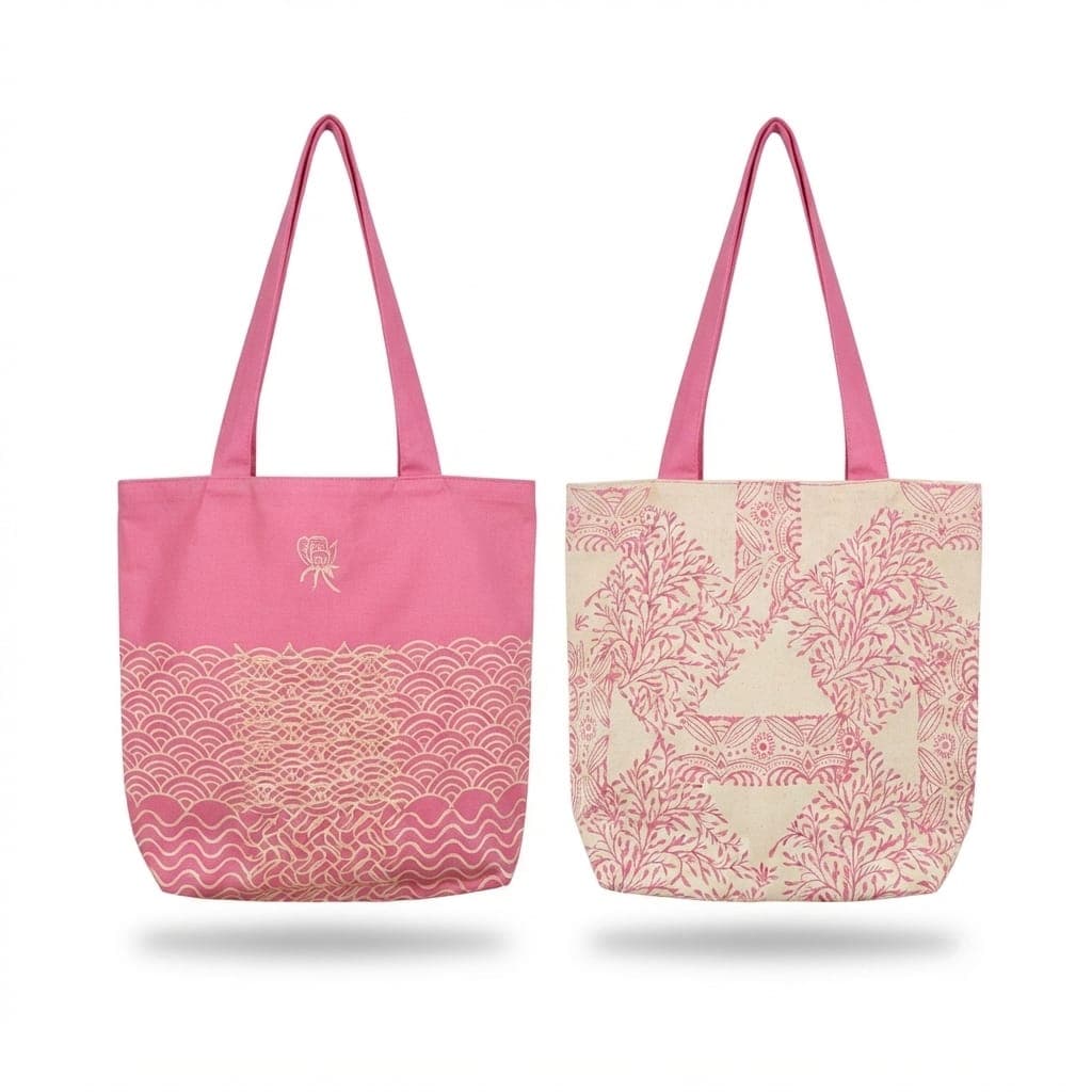 Floral & Geometric Print Reversible Tote Bag in Off-white / Pink, Floral design & Geometric pattern