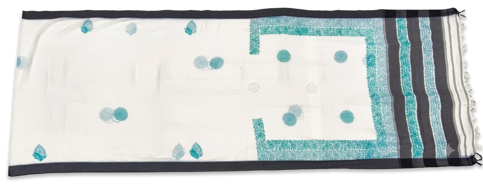 Cotton Floral Booti Saree in Off-white / Teal / Black, Floral & Geometric - Booti & Chakri