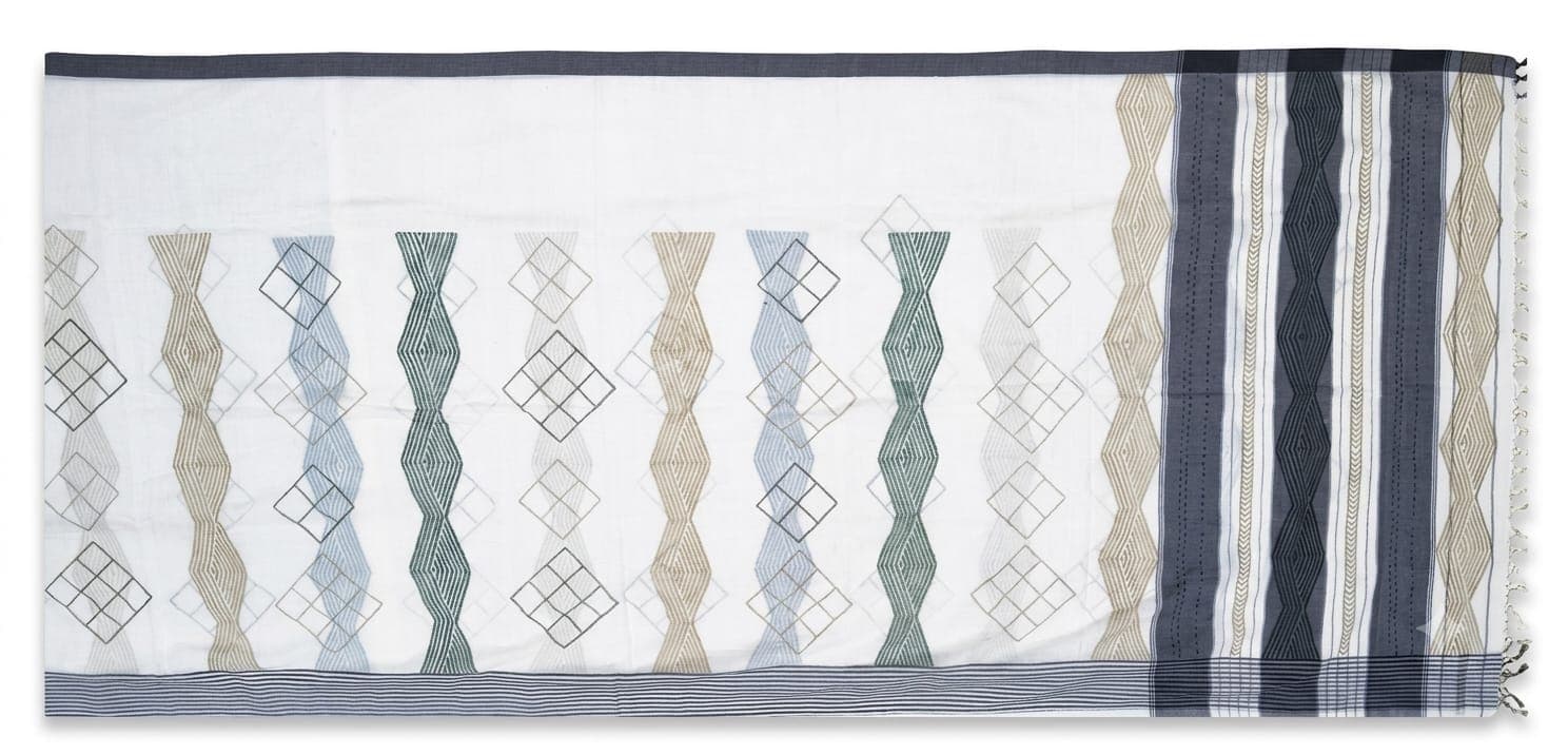 Cotton Geometric Trellis Saree in Off-white / Blue / Green / Beige / Grey, Geometric - Trellis