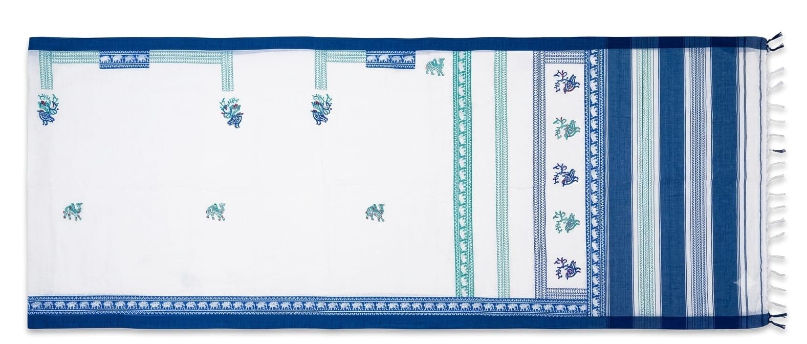Cotton Figurative & Floral Saree in Off-white / Blue / Teal, Figurative & Floral - Camel & Peacock
