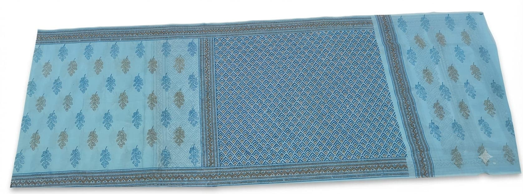 Cotton Fern & Trellis Saree in Sky Blue / Khaki, Floral & Geometric - Fern & Trellis