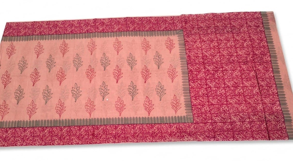 Cotton Fern & Paisley Saree in Peach / Maroon / Khaki, Floral - Fern & Paisley