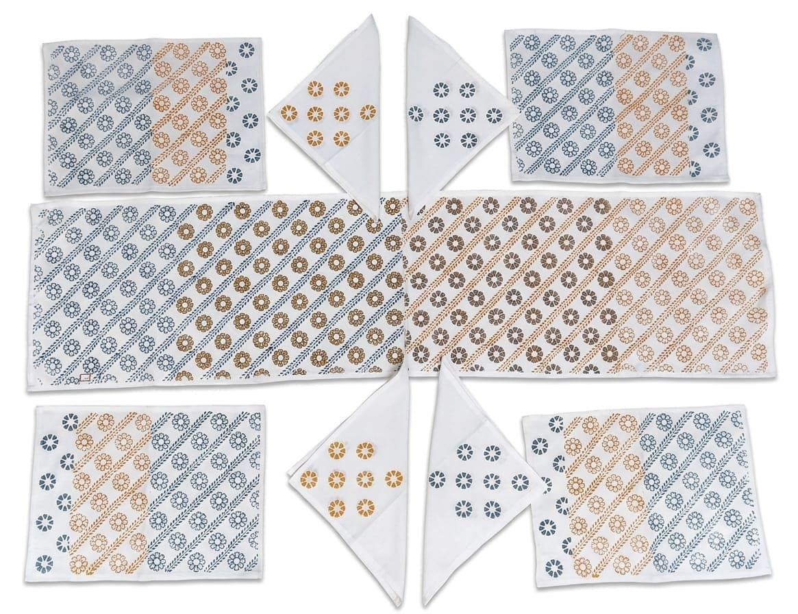 Cotton Rosette Table Runner Set in White / Navy / Orange, Floral & Geometric pattern