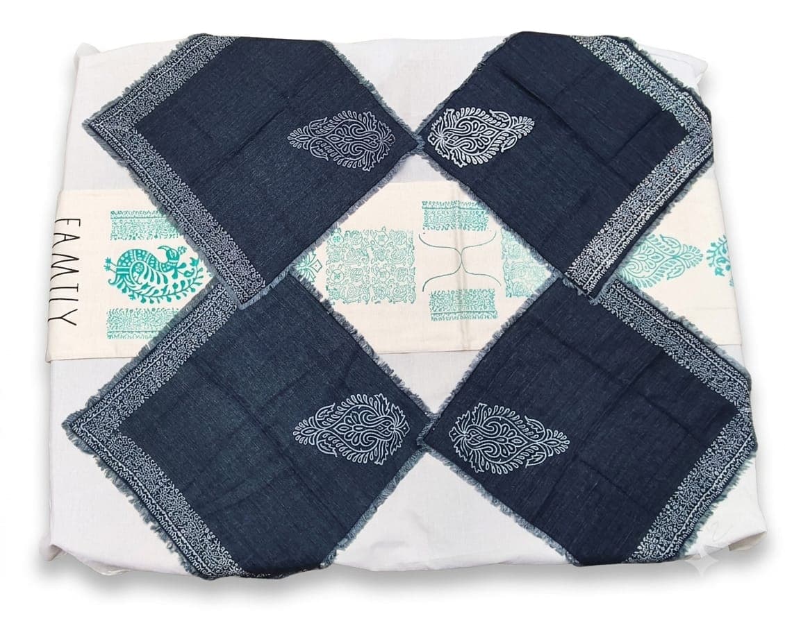 Cotton Peacock Table Runner Set in White / Teal / Navy blue, Figurative & Floral — Peacock & Paisley