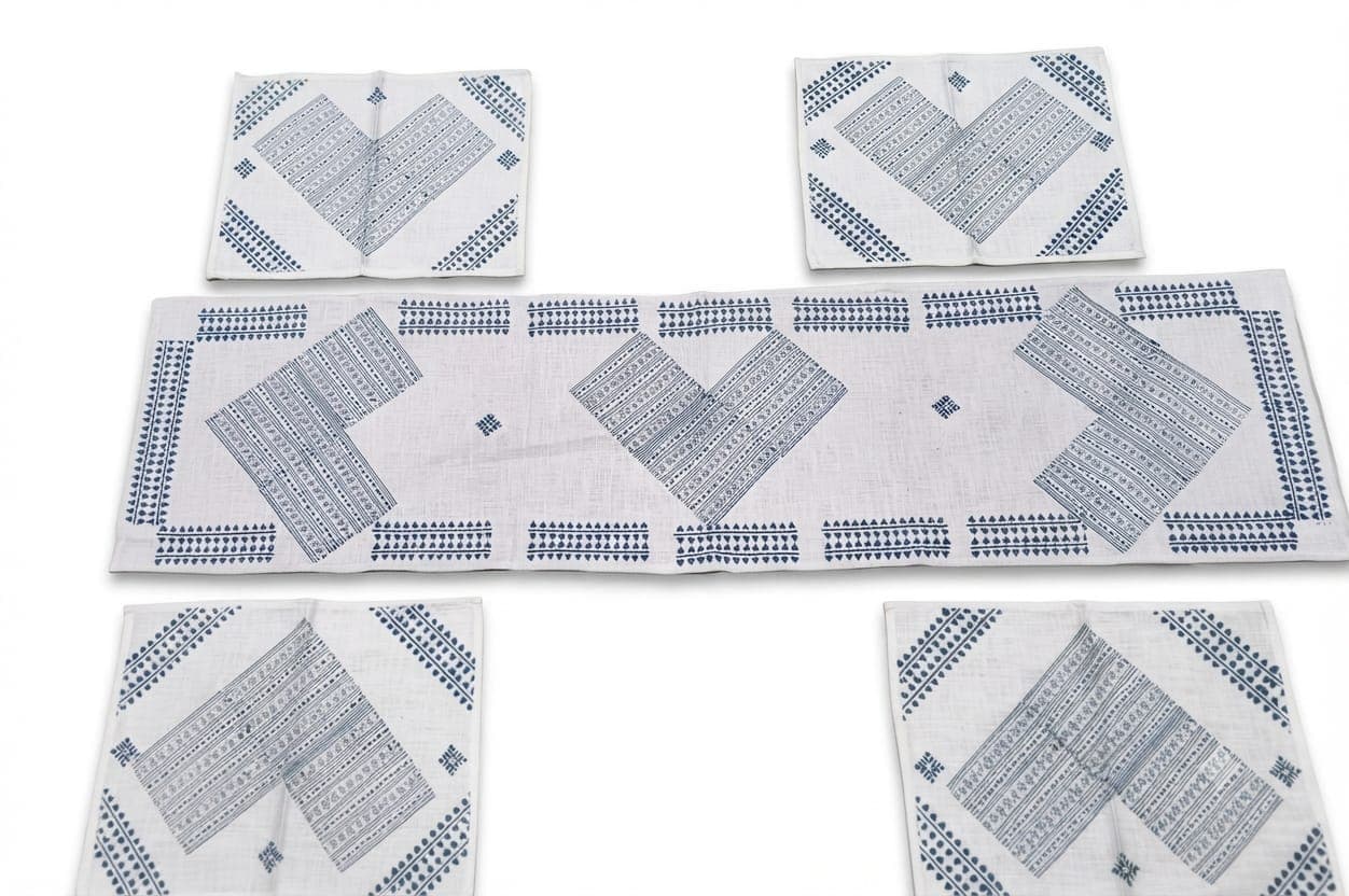 Cotton Chevron Border Table Runner Set (Navy) in Off-white / Navy blue, Geometric — Chevron & Border