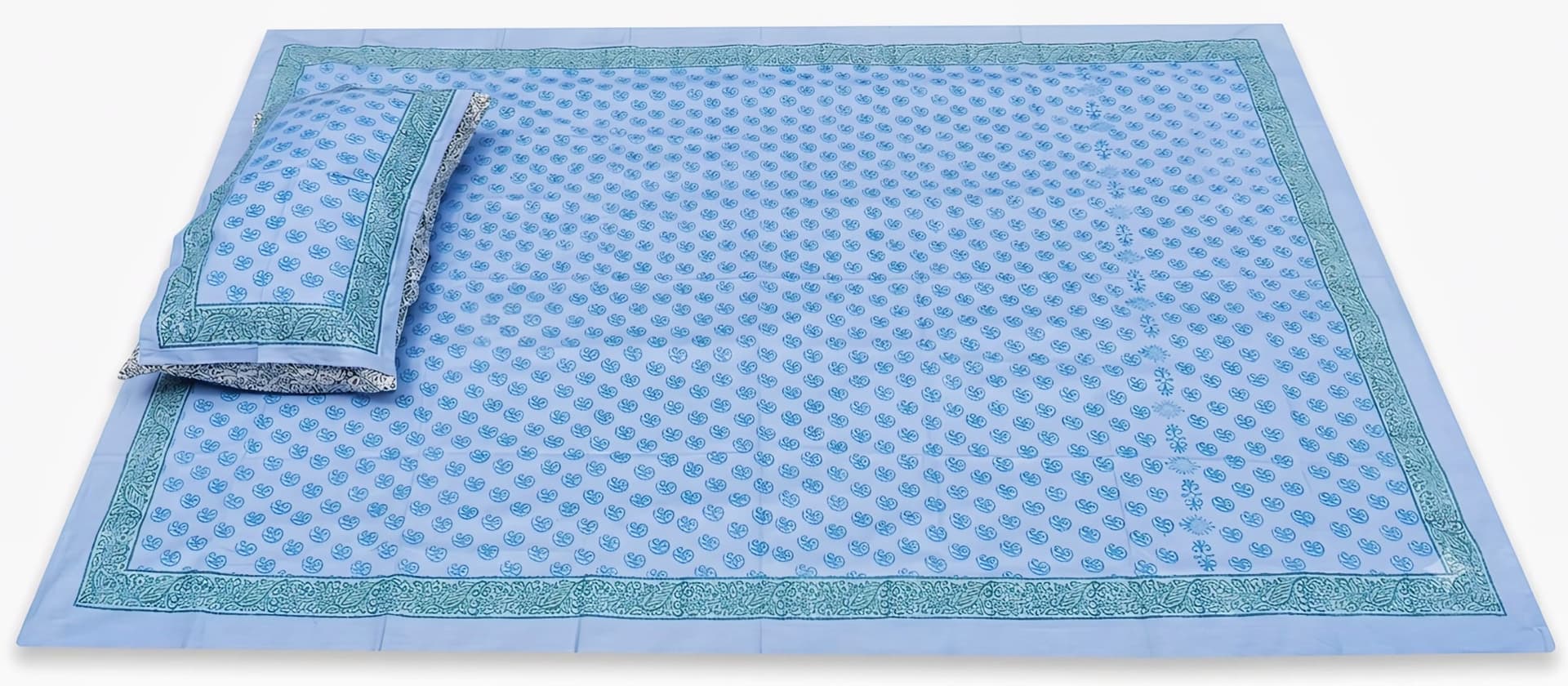 Cotton Sky Blue Paisley Bedsheet Set in Sky blue / Blue / Green, Floral — Paisley & Vine