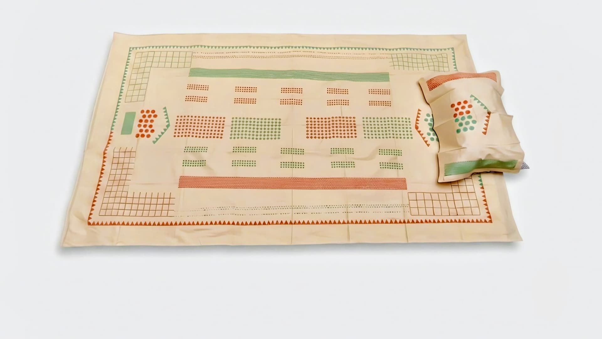 Cotton Pale Yellow Grid Bedsheet Set in Pale yellow / Orange / Sage green, Geometric — Grid & Dot