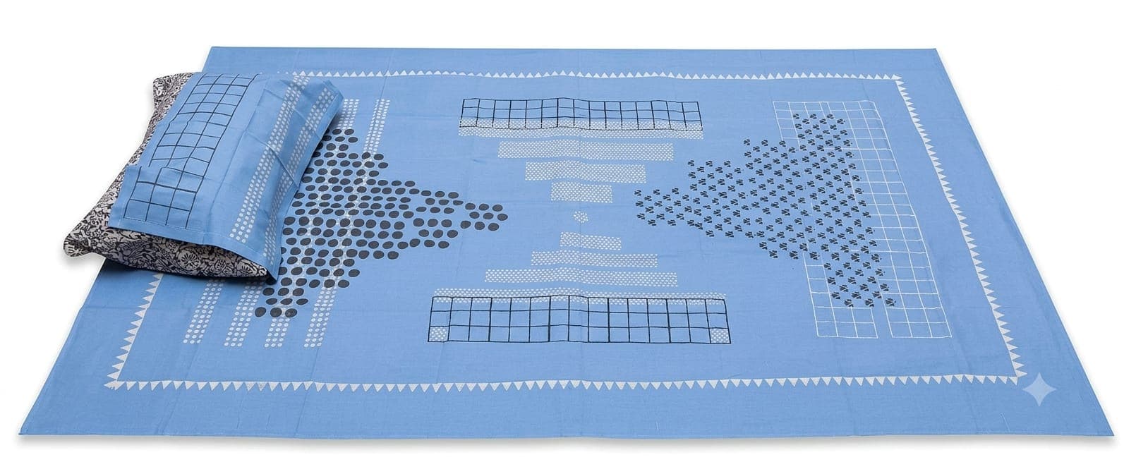 Cotton Blue Grid Bedsheet Set in Sky blue / Navy / White, Geometric — Grid & Dot