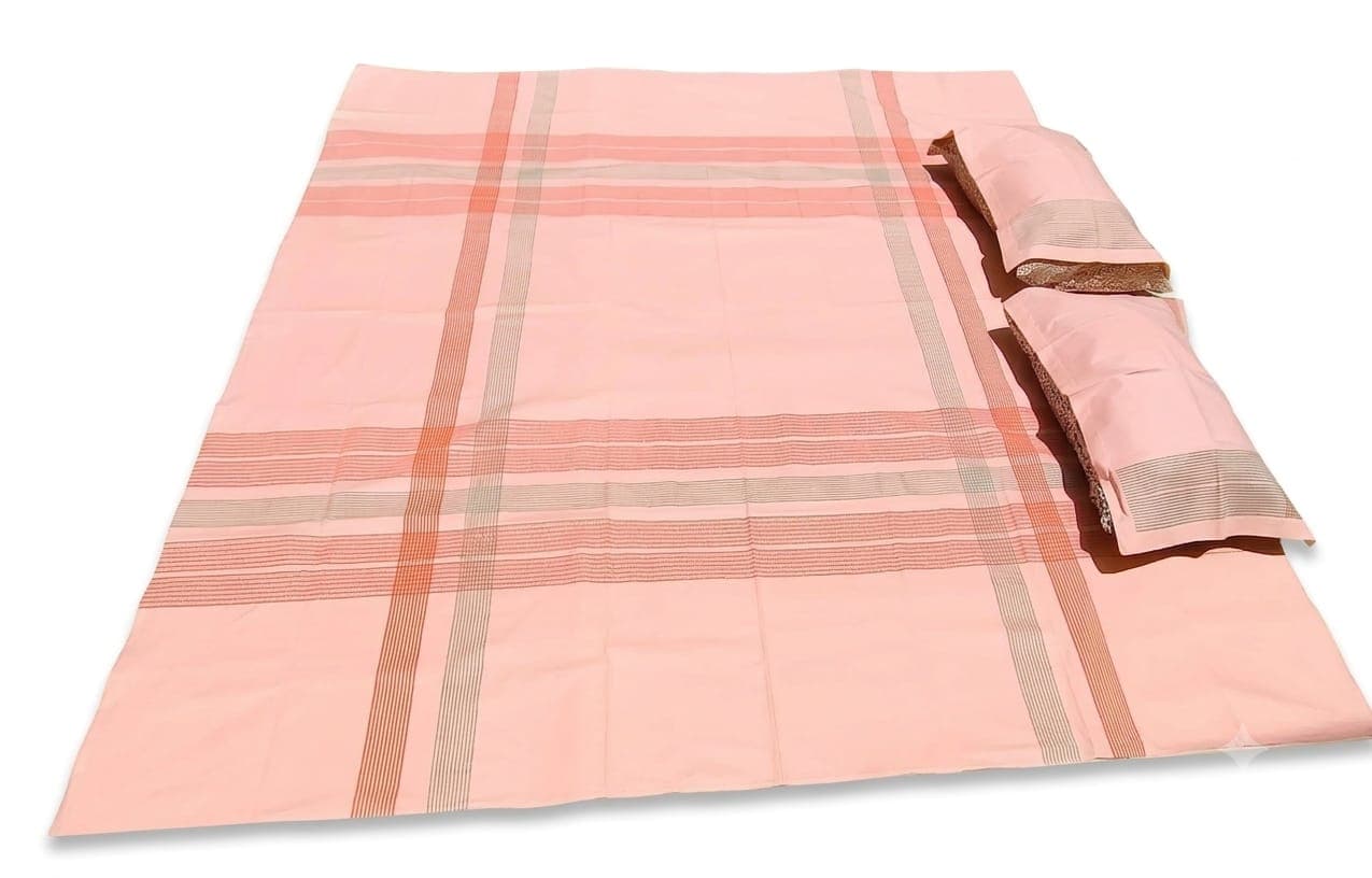 Cotton Peach Grid Bedsheet Set in Peach / Orange / Grey, Geometric — Grid & Stripe