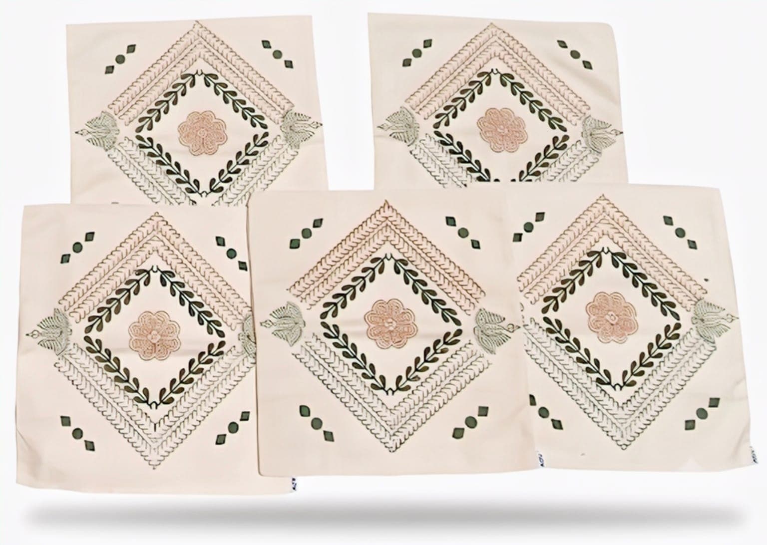 Block Print Ivory Cushion Cover Set in Beige / Orange / Black, Floral Diamond Motif
