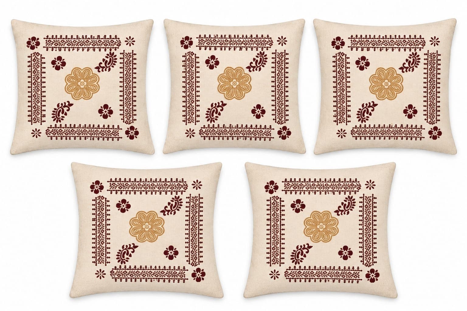 Block Print Sunflower Cushion Cover in Beige / Maroon / Orange, Floral geometric border motif.