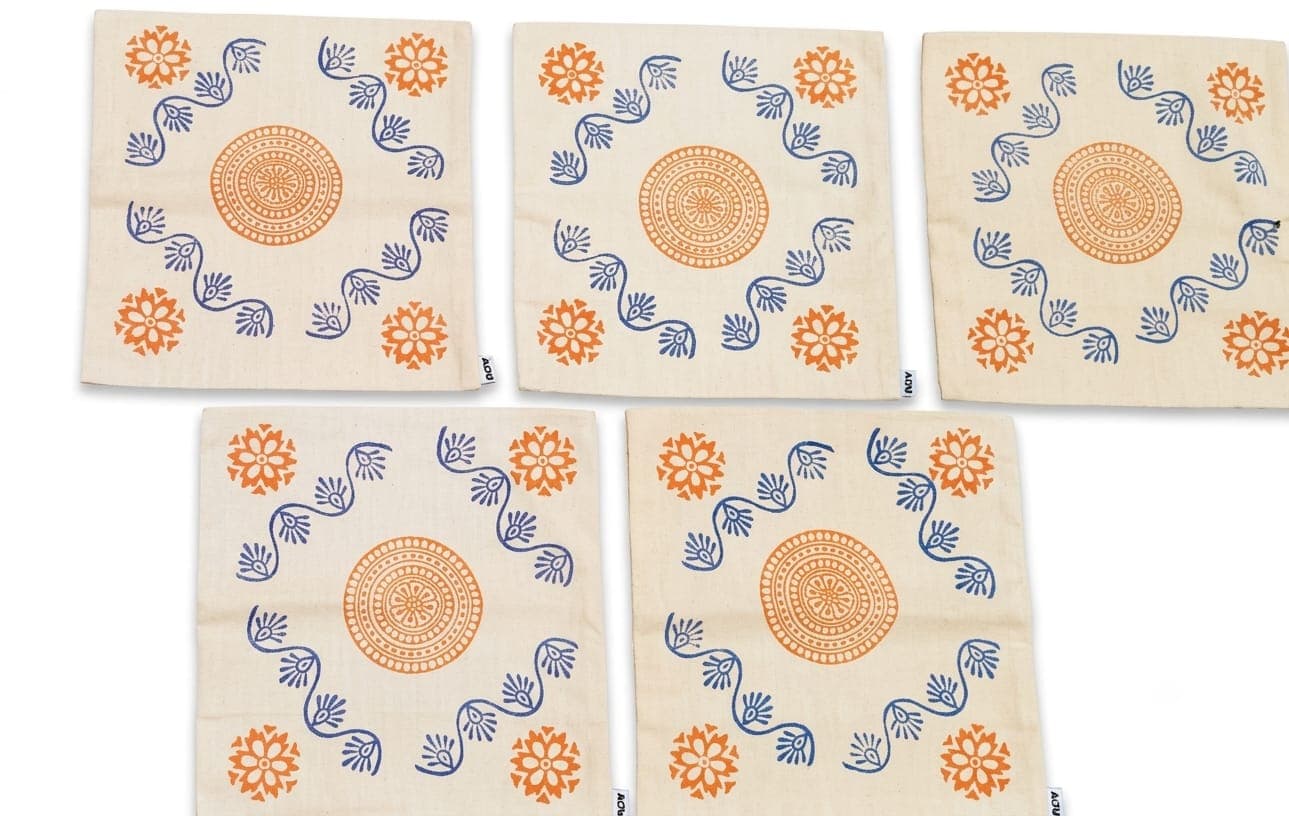 Block Print Sun Medallion Cushion Cover in Beige / Orange / Blue, Floral & Geometric