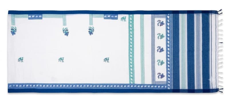 Cotton Figurative & Floral Saree in Off-white / Blue / Teal, Figurative & Floral - Camel & Peacock