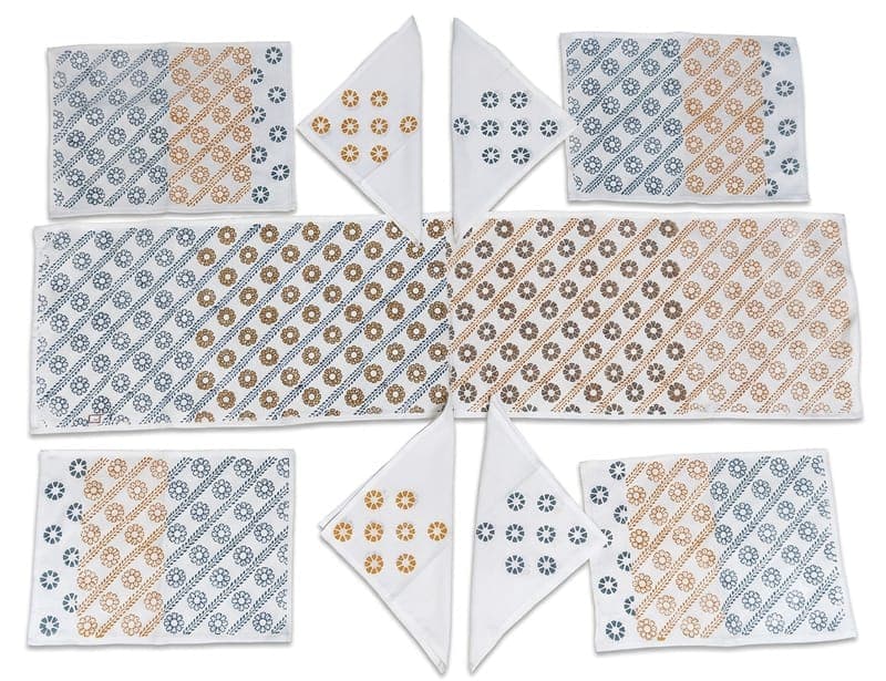 Cotton Rosette Table Runner Set in White / Navy / Orange, Floral & Geometric pattern