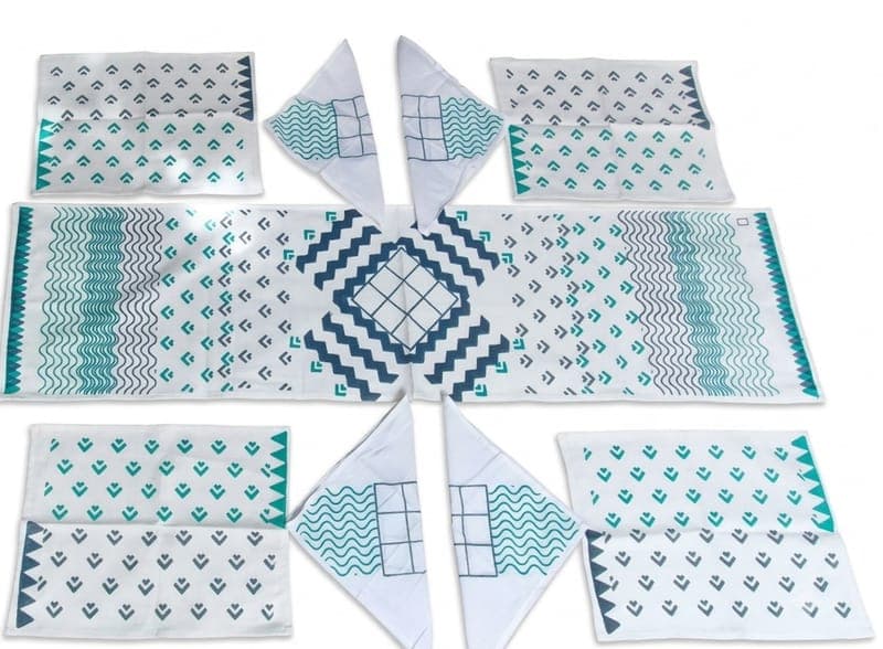 Cotton Chevron Table Runner Set in White / Teal / Navy blue, Geometric — Chevron, Wave & Grid