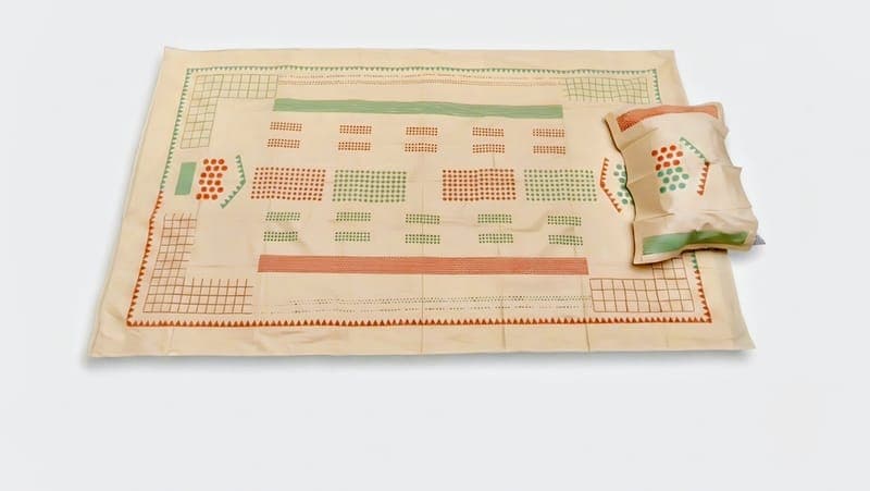 Cotton Pale Yellow Grid Bedsheet Set in Pale yellow / Orange / Sage green, Geometric — Grid & Dot