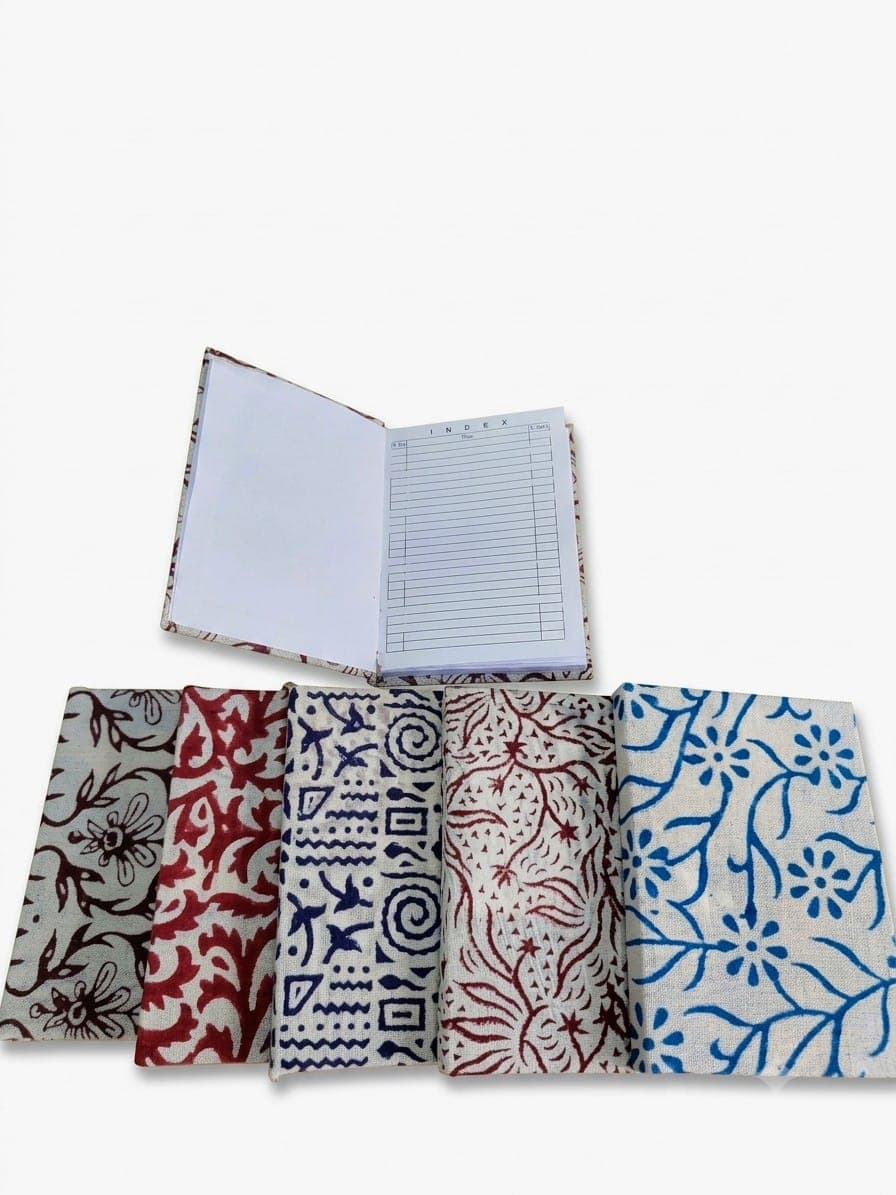 Block-Print Fabric Diary in off-white / brown / red / navy / blue / maroon