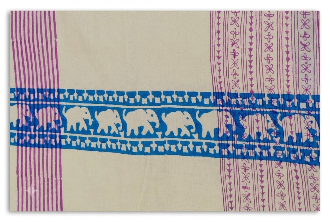 Block-Print Elephant Parade Bedspread in off-white / blue / pink