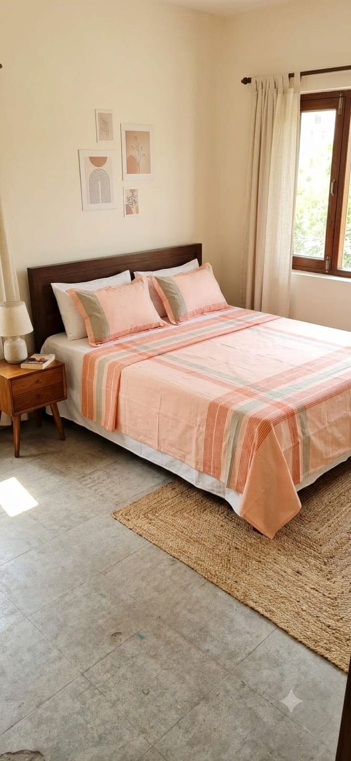 Double bedspread in peach and cream stripes with pillow covers, spread on a bed by a window