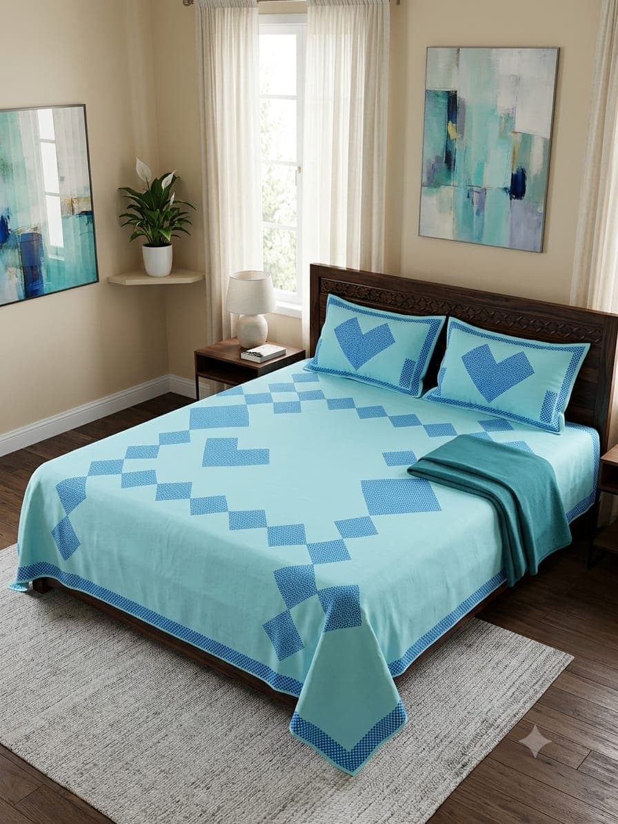Double bedspread in teal with an appliqued diamond border and matching pillow covers, styled in a bedroom