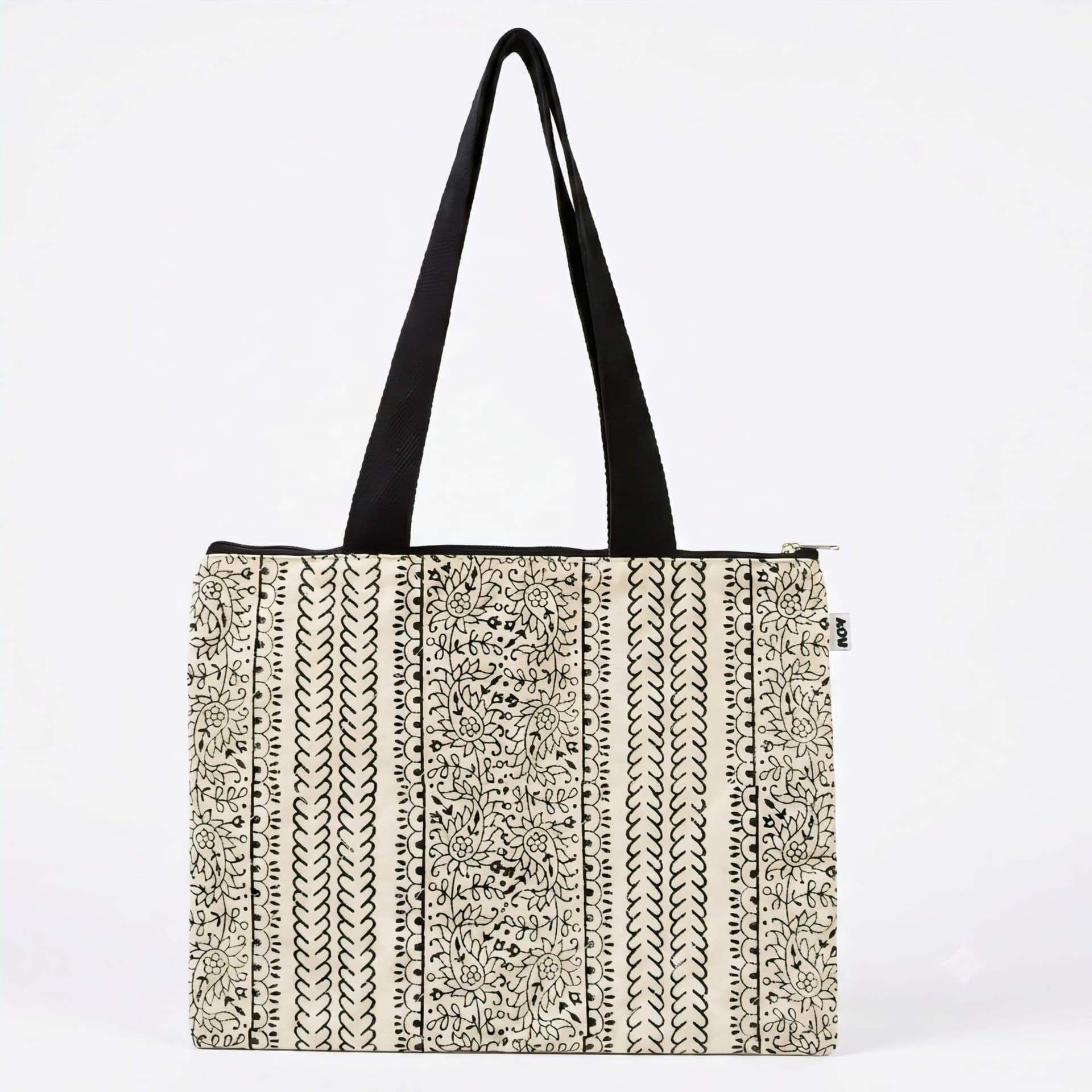 Floral & Geometric Print Laptop Bag in Off-white / Black, Floral design & Geometric pattern