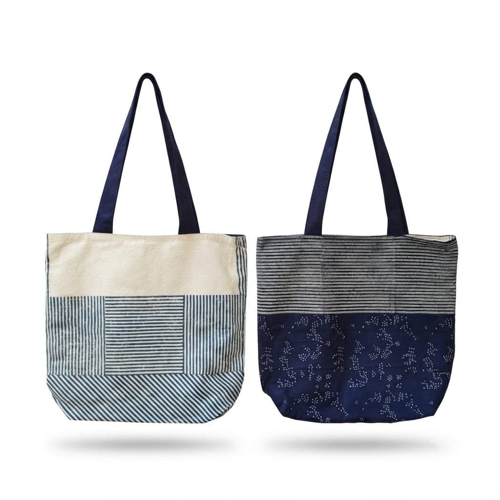 Geometric Print Reversible Tote Bag in Off-white / Navy Blue, Geometric pattern