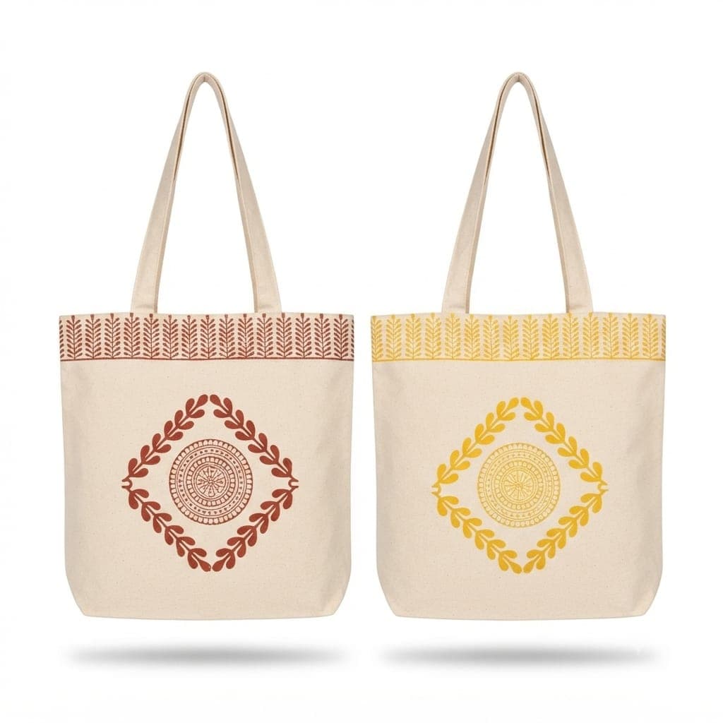 Floral and Medallion Print Reversible Tote Bag in Off-white / Brown / Yellow, Floral-Medallion