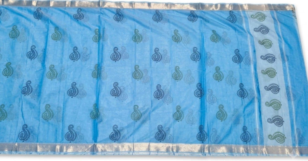 Cotton Sky Blue Paisley Saree in Sky Blue / Gold / Green, Floral - Paisley