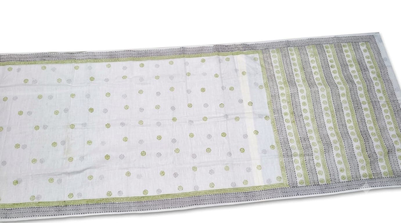 Cotton Booti & Stripe Saree in White / Olive / Black, Floral & Geometric - Booti & Stripe