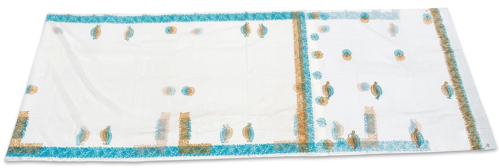 Cotton Paisley & Sunburst Saree in White / Teal / Yellow, Floral & Geometric - Paisley & Sunburst