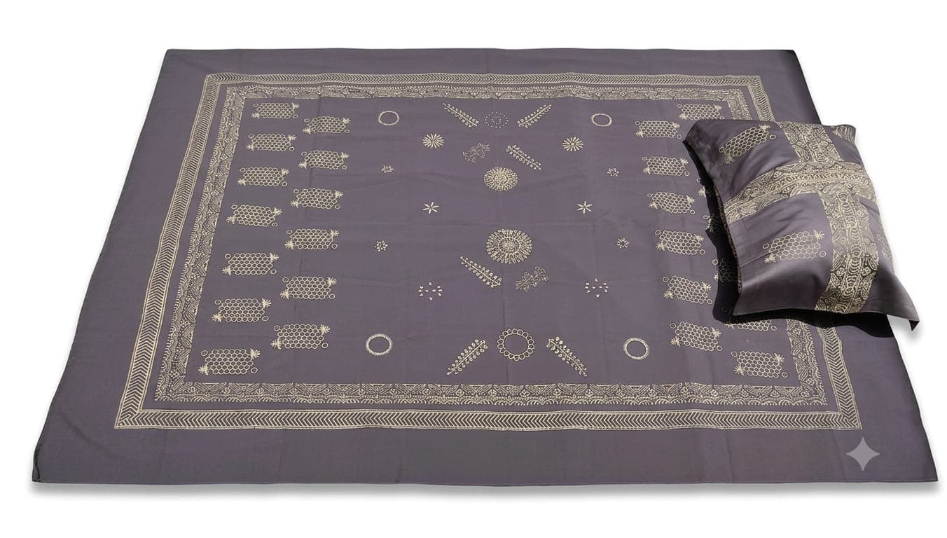 Cotton Grey Honeycomb Bedsheet Set in Grey / Pale yellow, Geometric & Floral — Honeycomb & Sunburst