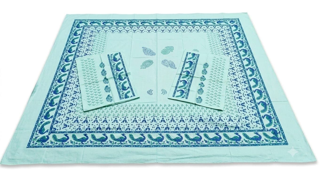 Cotton Peacock Paisley Bedsheet Set in Turquoise / Blue / Green, Floral & Figurative
