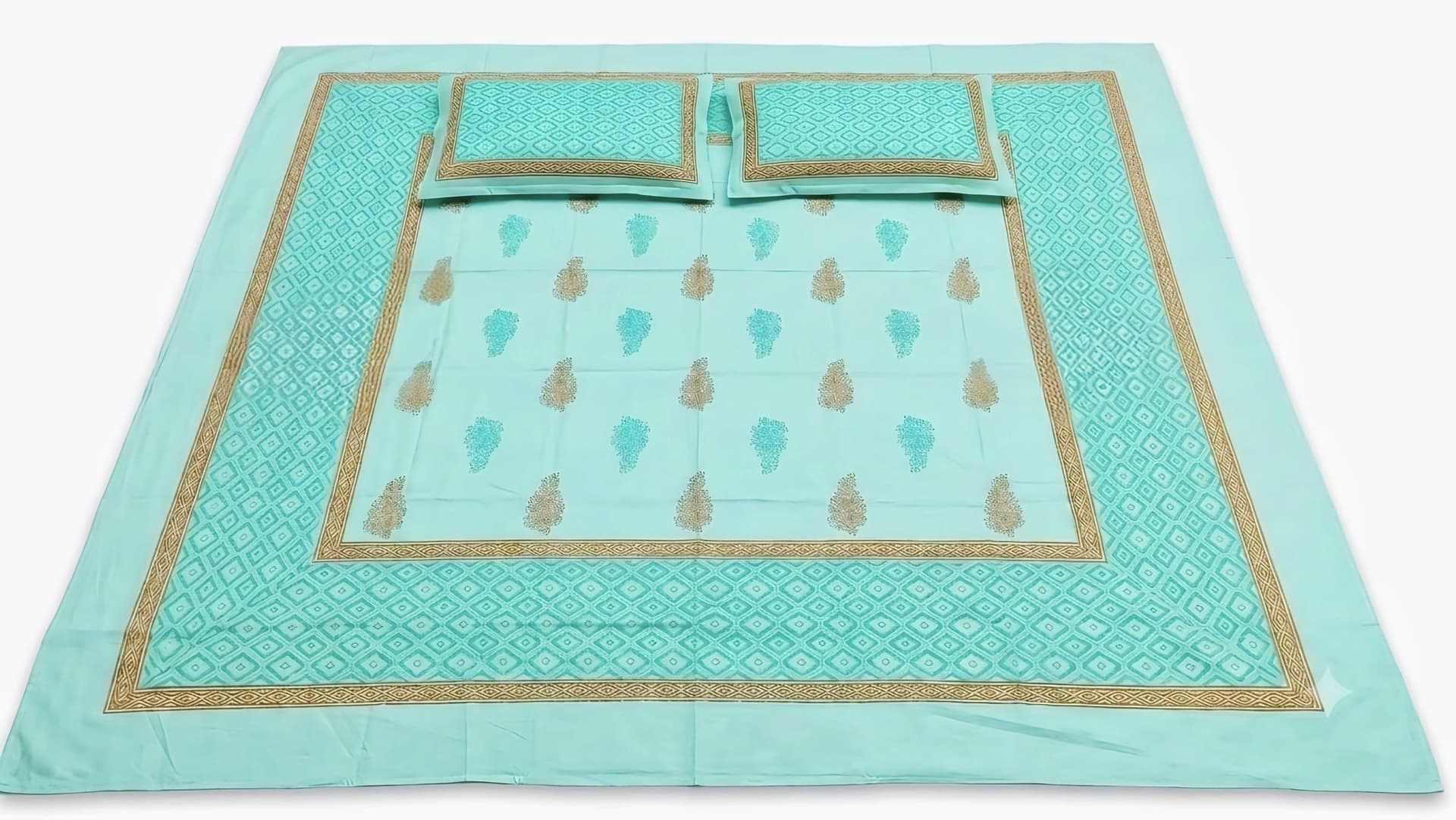 Cotton Aqua Rust Buta Bedsheet Set in Turquoise / Brown / Green, Floral & Geometric — Diamond & Check
