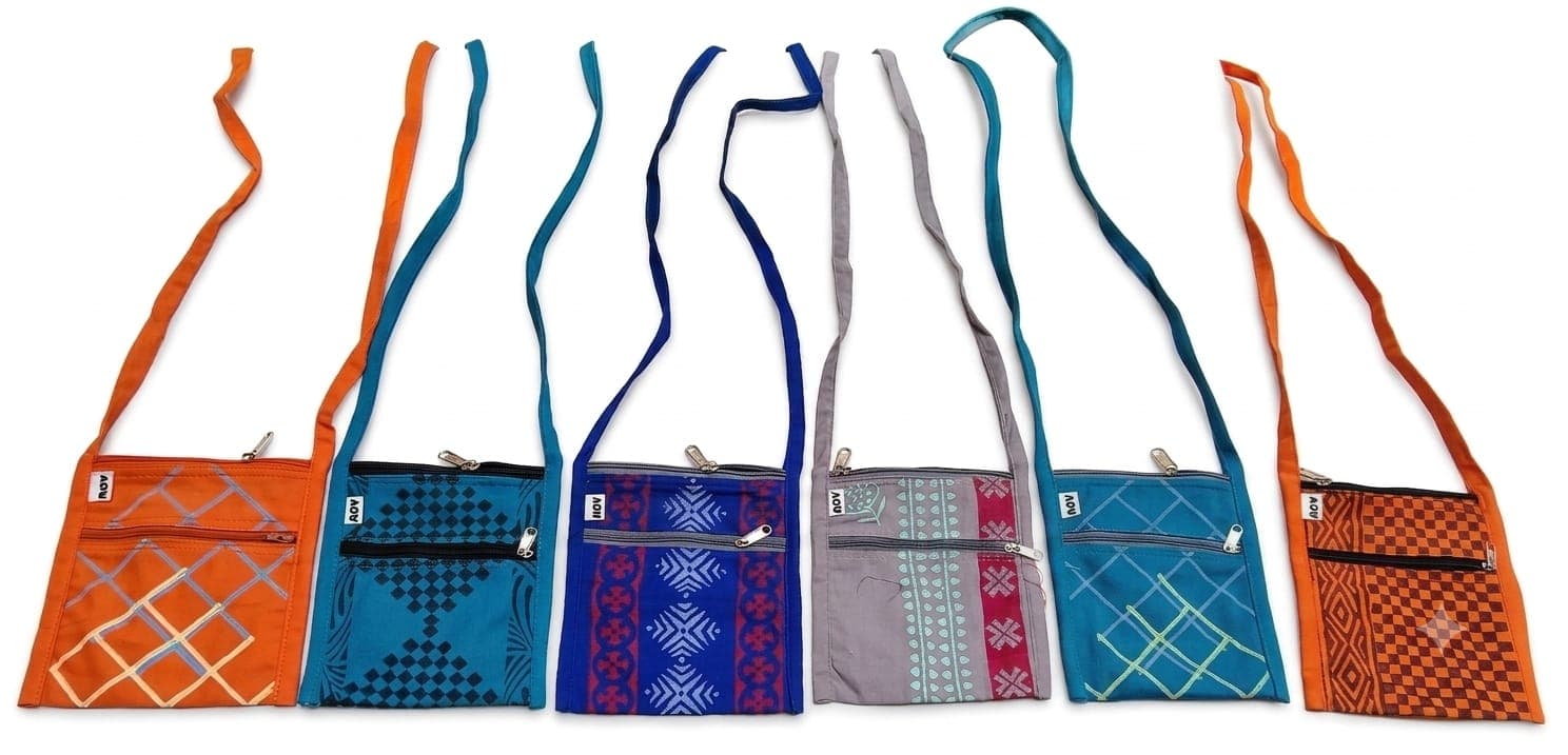 Block-Print Crossbody Pouch in orange / teal / royal blue / grey