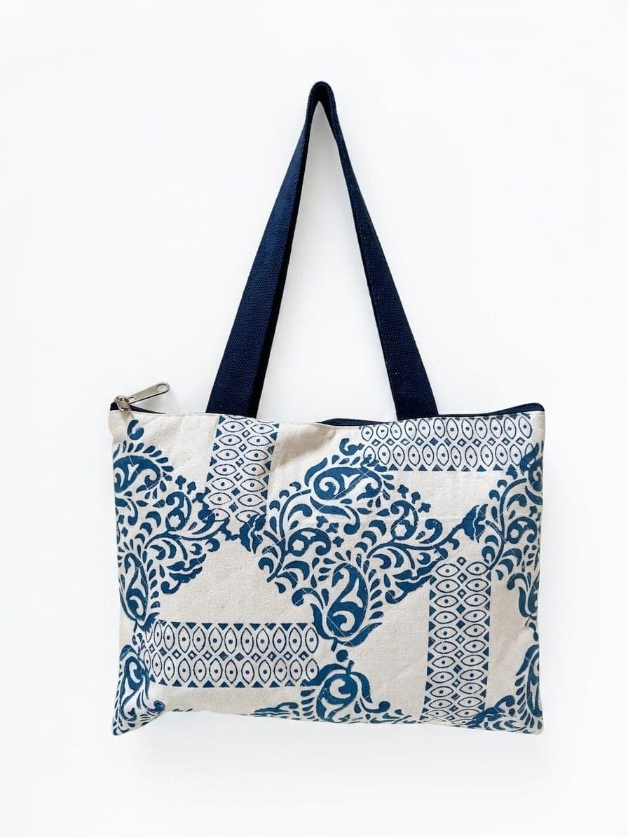 Block-Print Laptop Bag (Paisley) in off-white / navy blue
