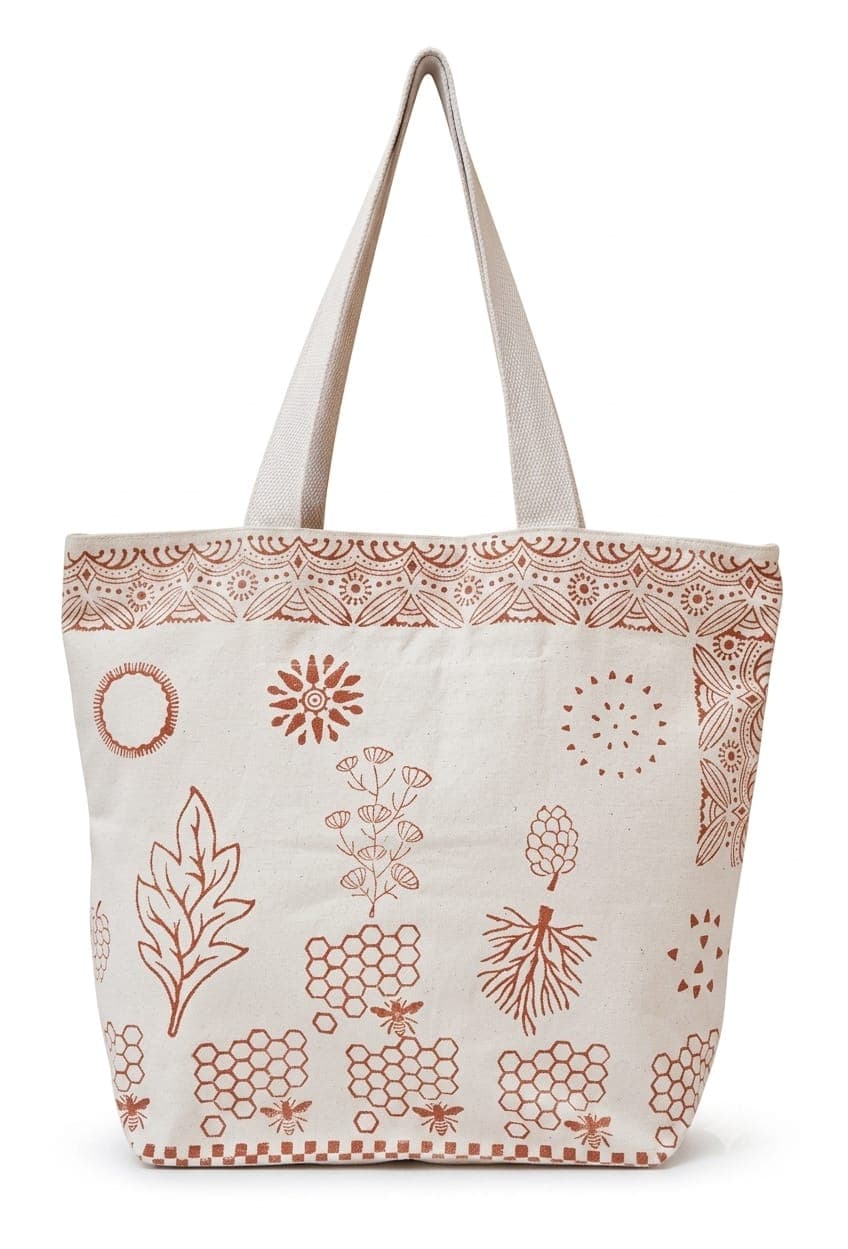 Botanical Block-Print Canvas Tote in off-white / brown