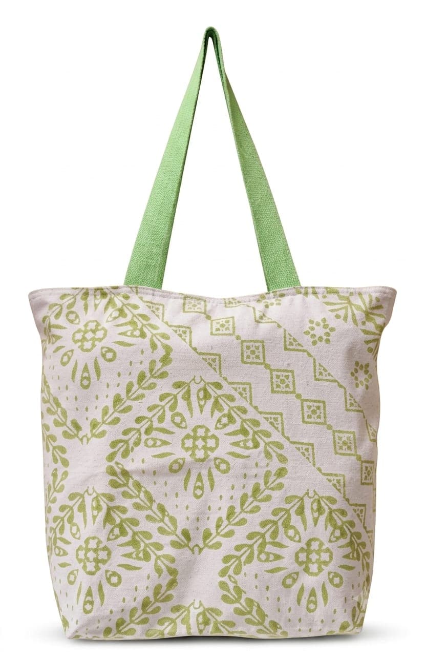 Leaf Medallion Block-Print Canvas Tote in off white / soft green