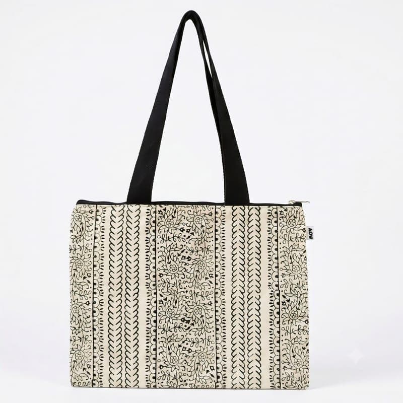 Floral & Geometric Print Laptop Bag in Off-white / Black, Floral design & Geometric pattern