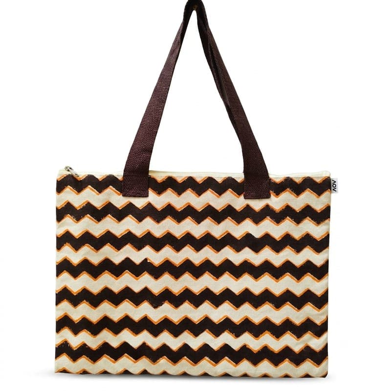 Geometric Print Laptop Bag in Off-white / Brown / Mustard, Geometric pattern