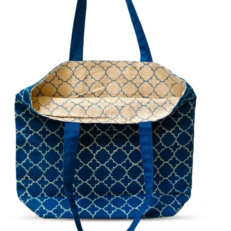 Moroccan Tile Print Reversible Tote Bag in Off-white / Navy Blue, Moroccan Tile