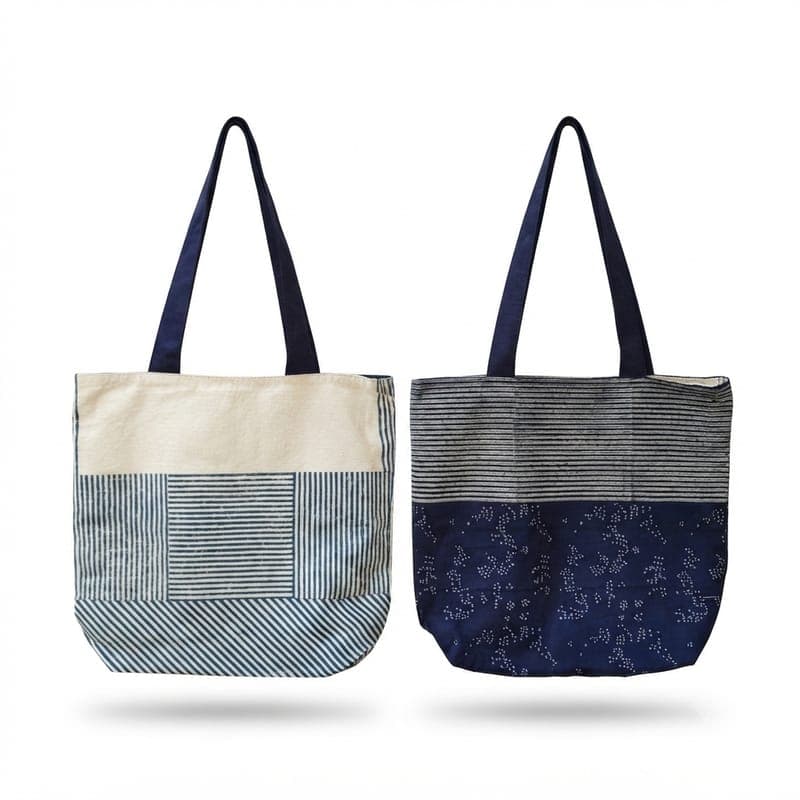Geometric Print Reversible Tote Bag in Off-white / Navy Blue, Geometric pattern