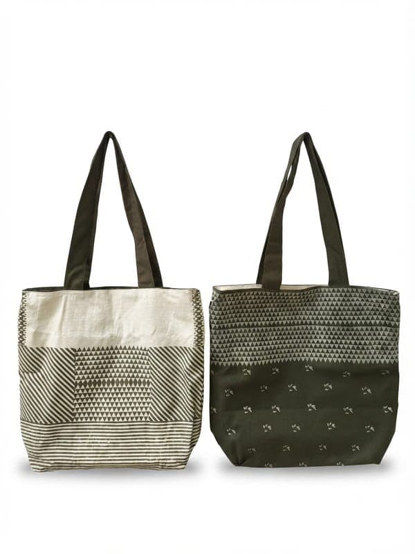 Floral & Geometric Print Reversible Tote Bag in Off-white / Olive Green, Floral design & Geometric pattern