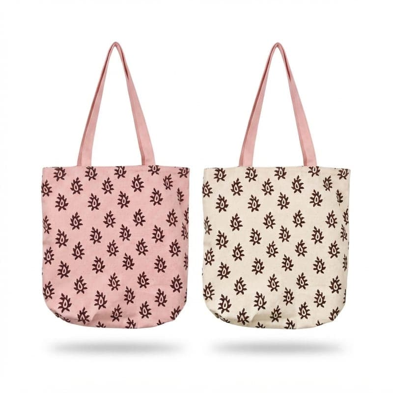 Floral Print Reversible Tote Bag in Off-white / Peach / Brown, Floral Print